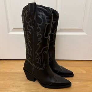 Zara Topstitched Black Leather Cowboy Boots